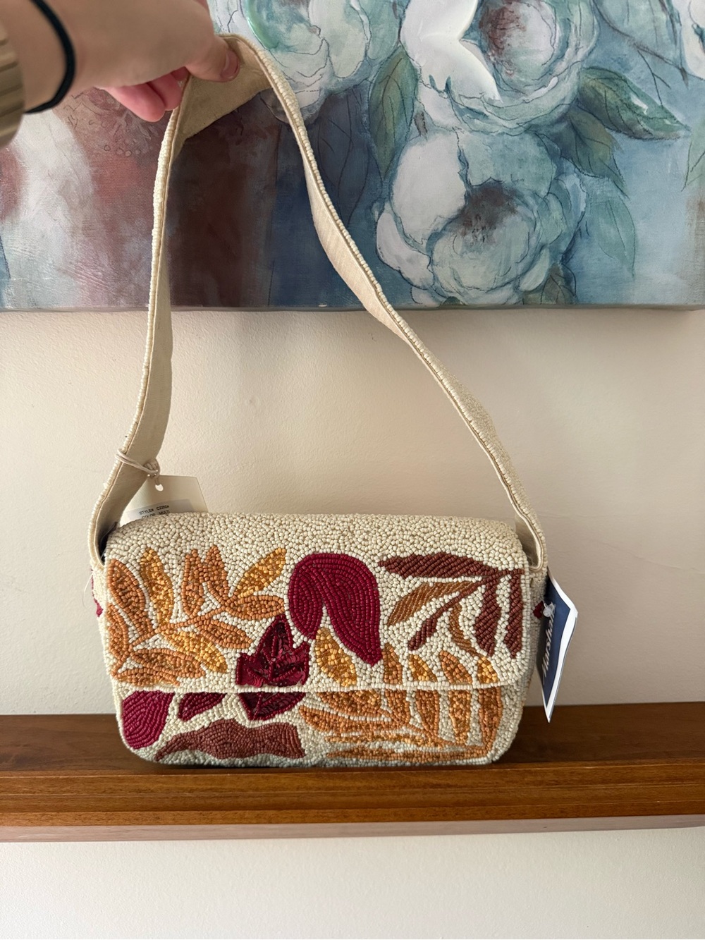 Beaded Fall Leaves Shoulder Bag in Cream, Burgundy & Mustard
